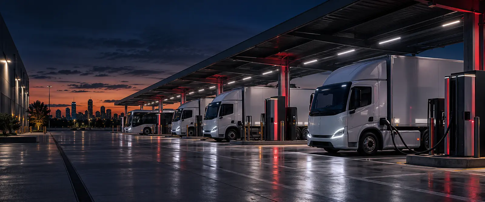 Illustrative fleet depot with electric vehicles connected to charging infrastructure