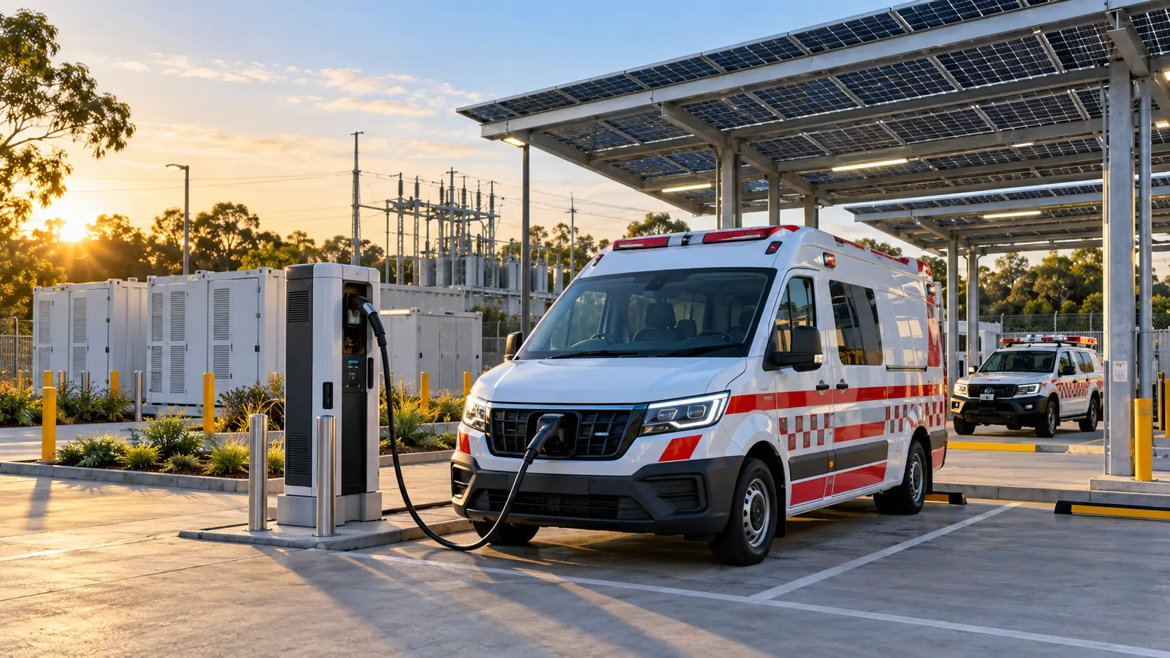 Illustrative emergency fleet charging site with grid, solar and battery infrastructure